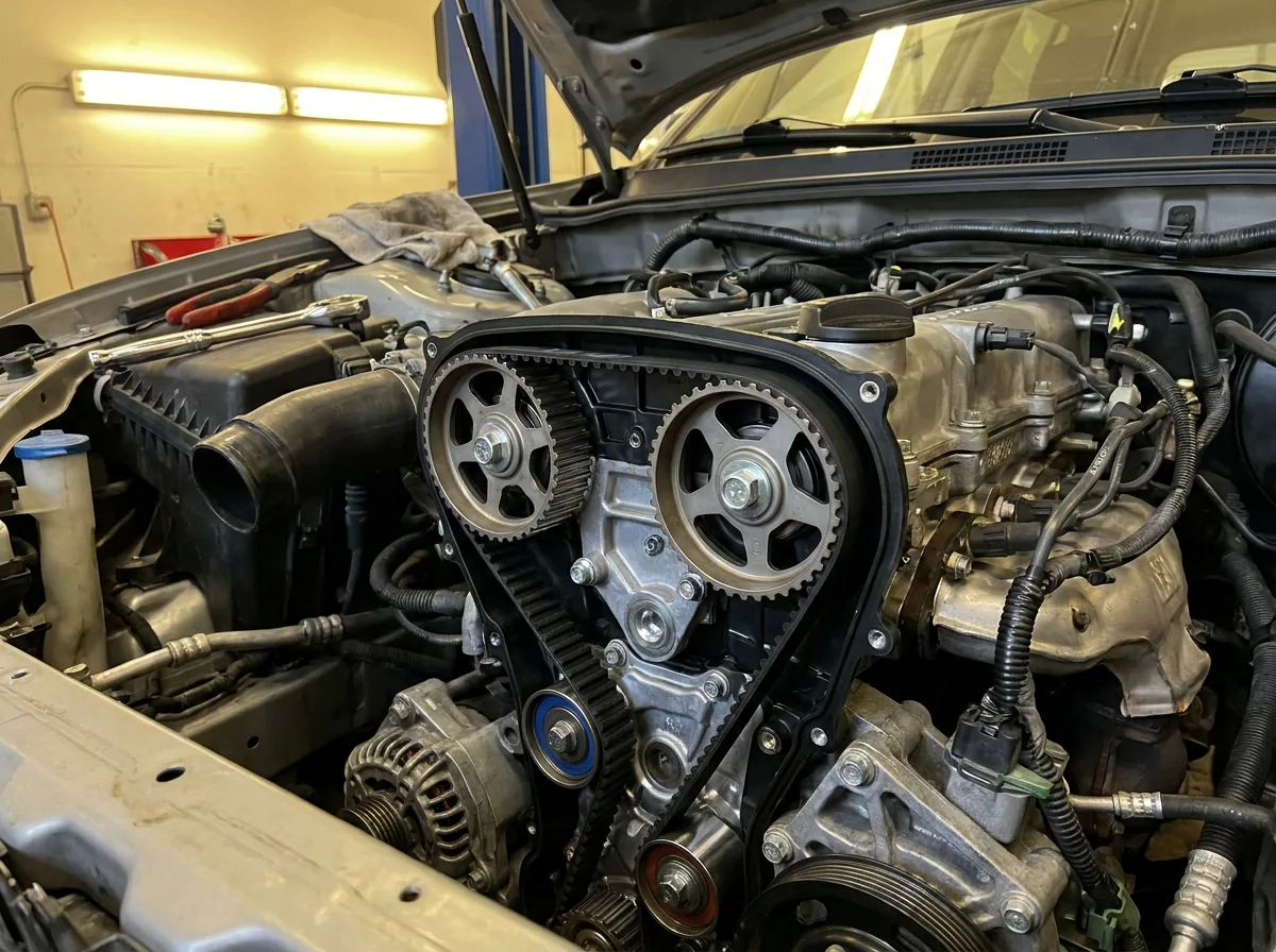 Courroie de distribution et galets neufs sur un moteur ouvert