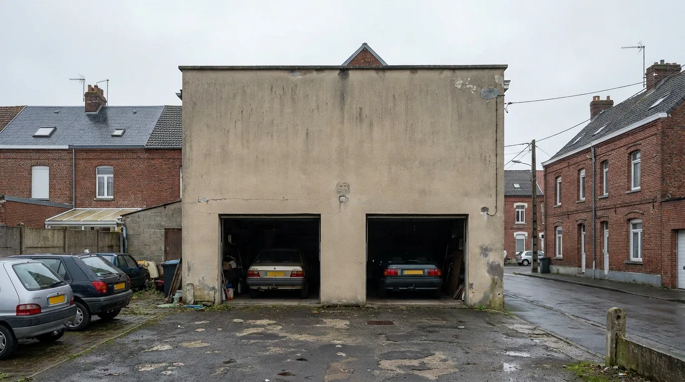 Façade du Garage du Bassin, deux baies d'atelier ouvertes