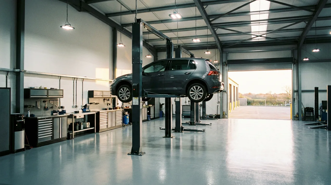 Atelier du Garage du Bassin, véhicule levé sur un pont élévateur