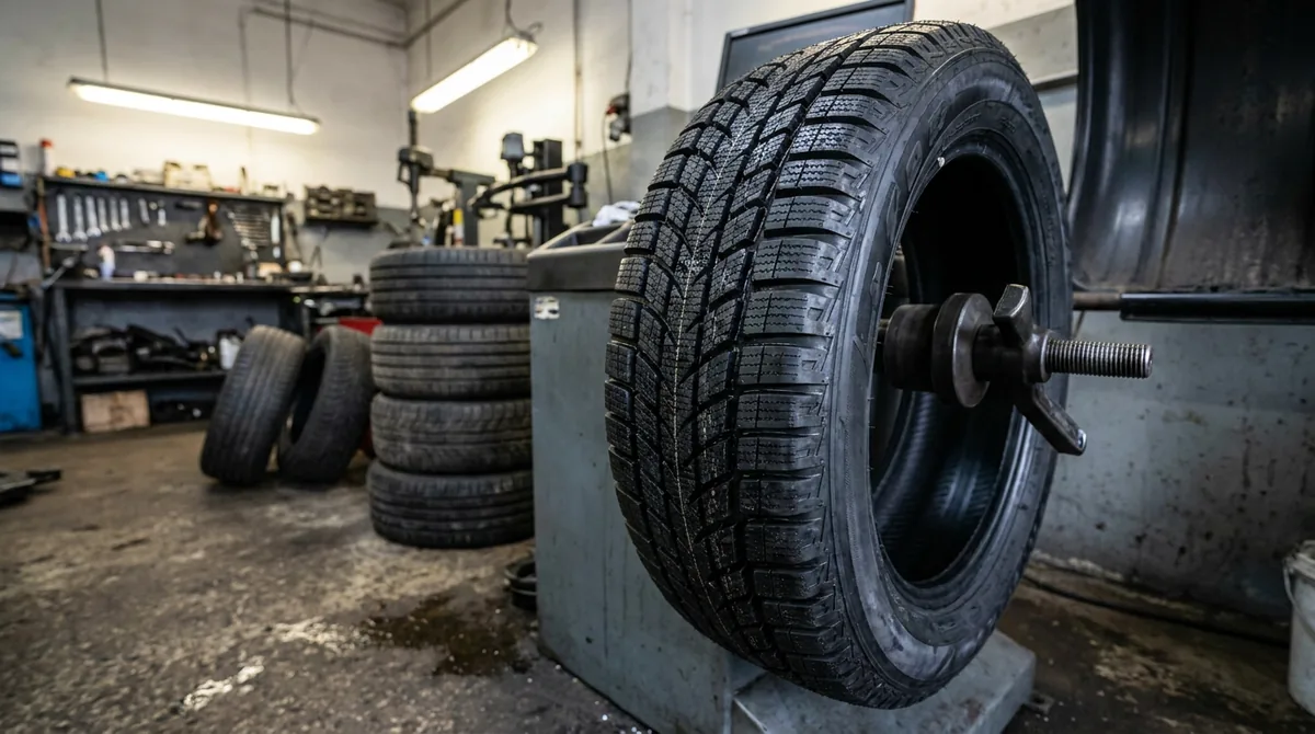 Pneu neuf monté sur une machine d'équilibrage