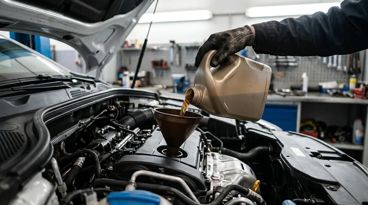 Vidange moteur en cours, huile neuve versée à l'entonnoir
