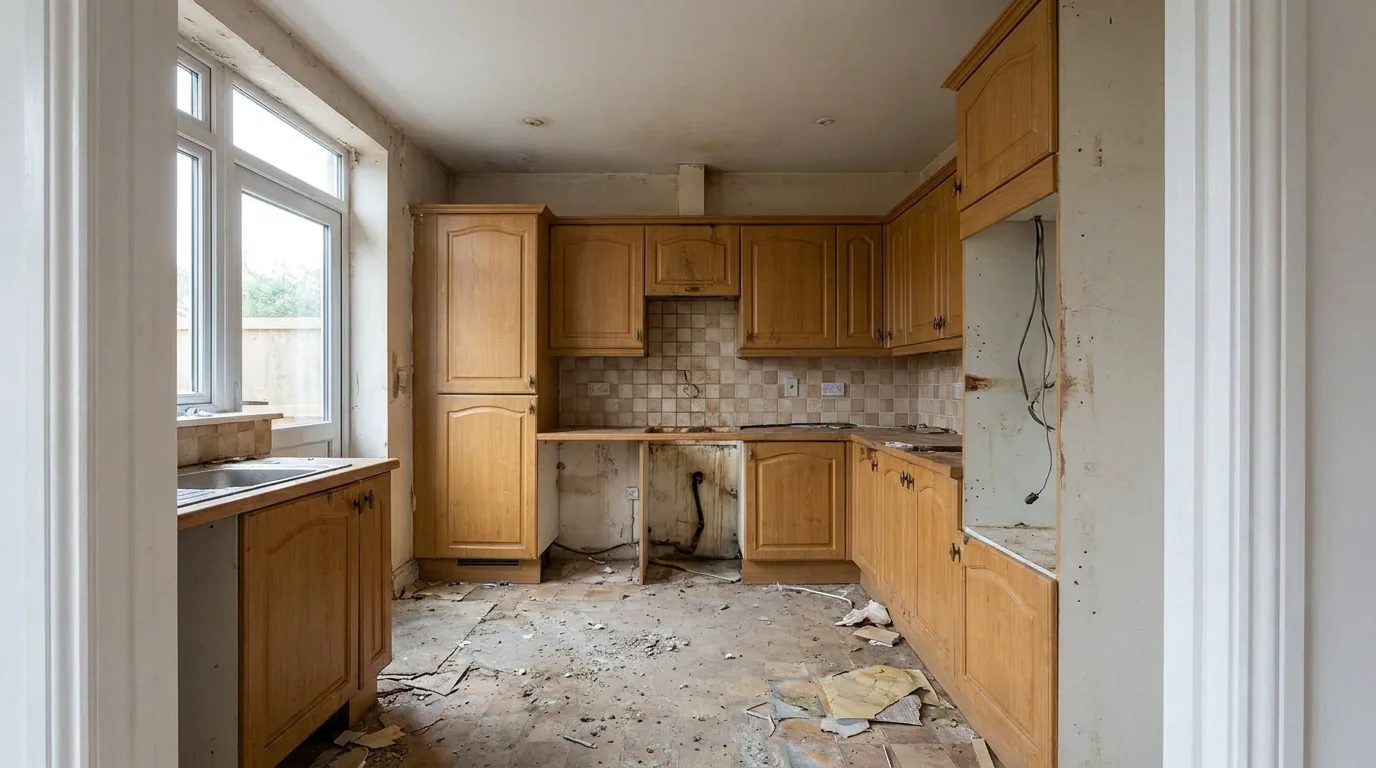 Cuisine des années 90 avant travaux, meubles déposés et murs défraîchis