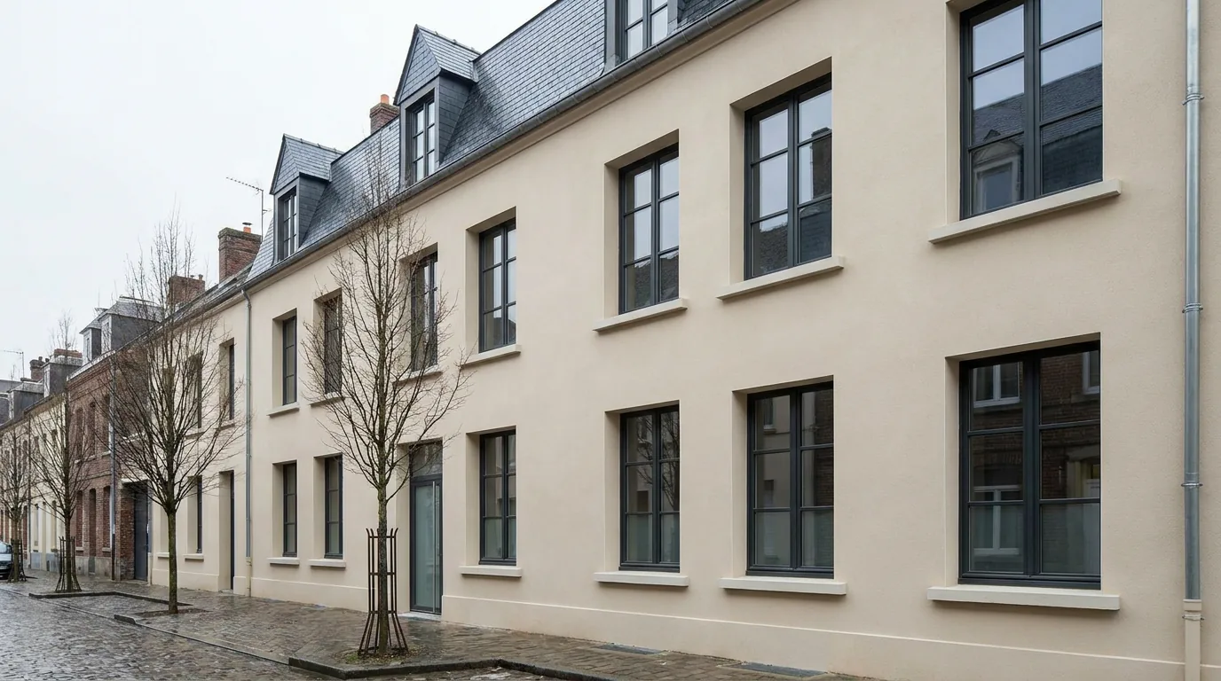 Façade rénovée avec isolation extérieure et enduit taloché clair