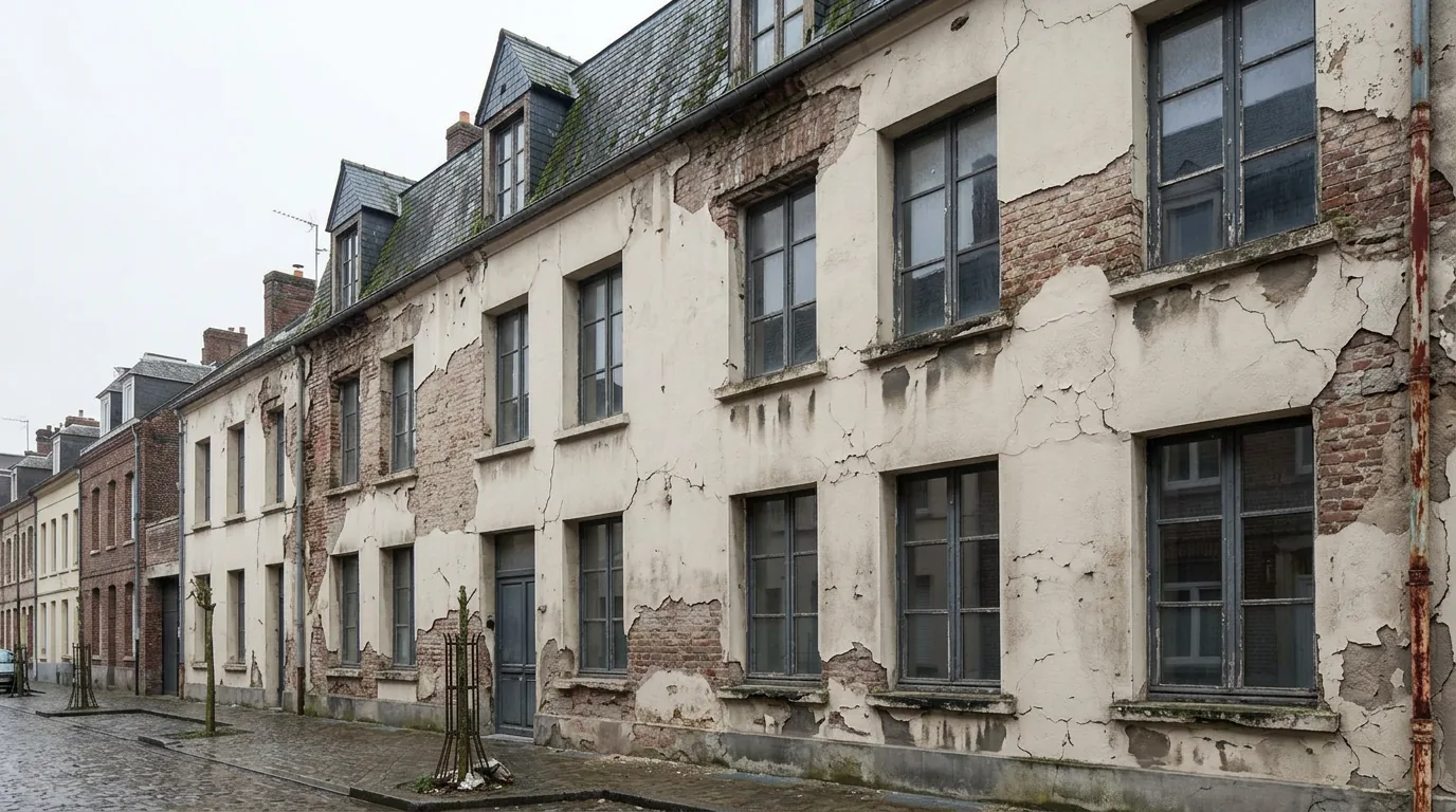 Façade avec enduit cloqué, fissures et appuis abîmés