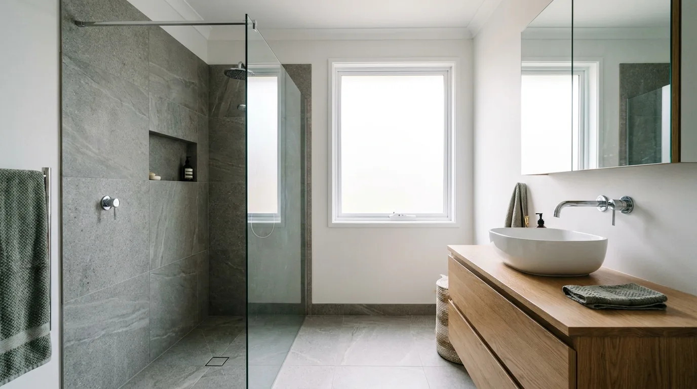 Salle de bain rénovée avec douche à l'italienne et meuble sur mesure
