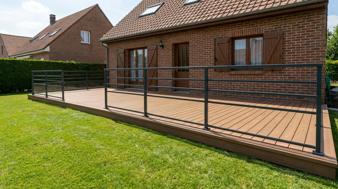 Terrasse neuve en bois composite avec garde-corps aluminium