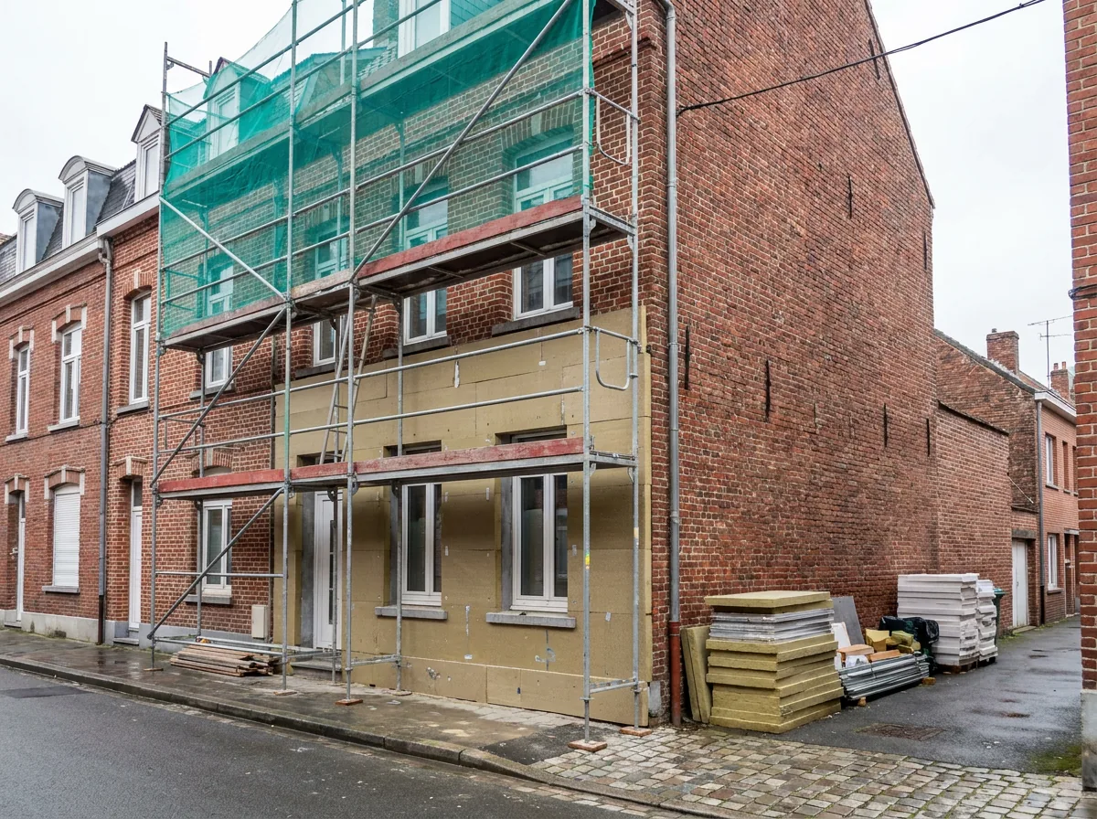 Isolation par l'extérieur d'une maison de ville, échafaudage monté