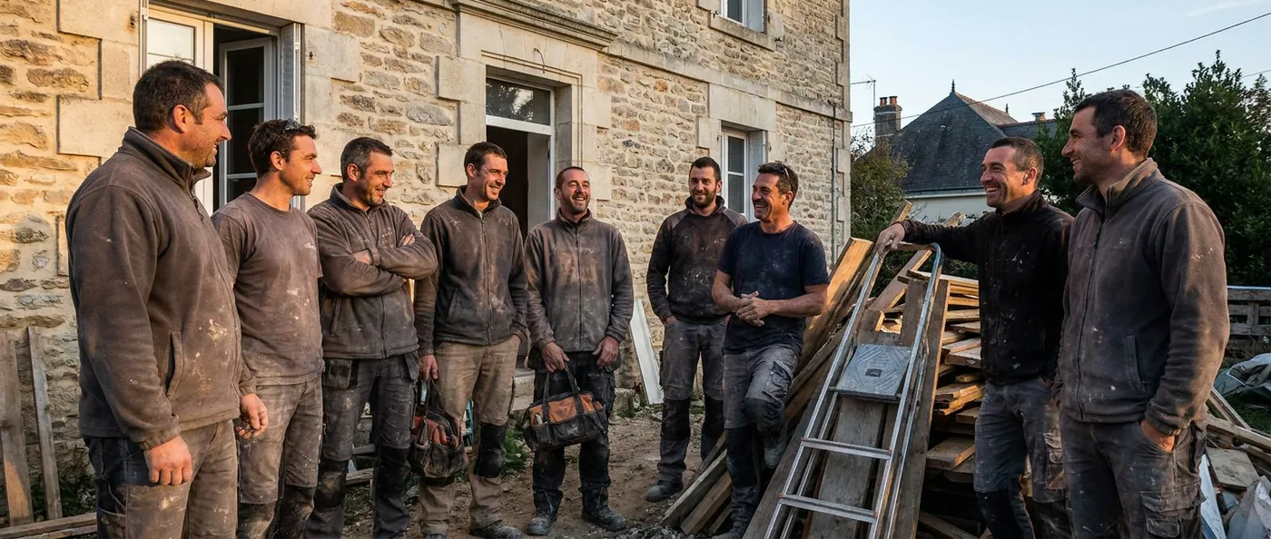 L'équipe de l'Atelier du Bâti sur un chantier en fin de journée