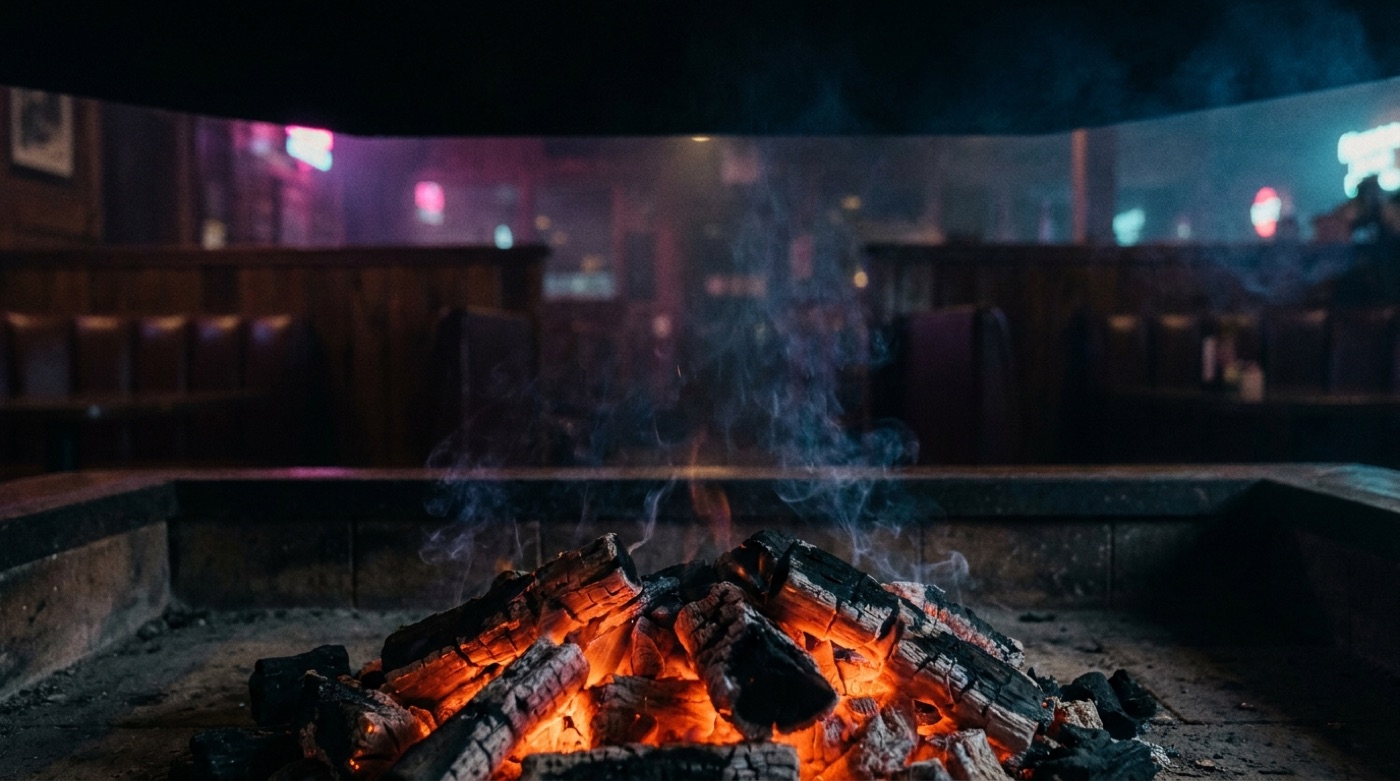 Salle du Steakhouse la nuit autour du foyer de braise, banquettes et néons
