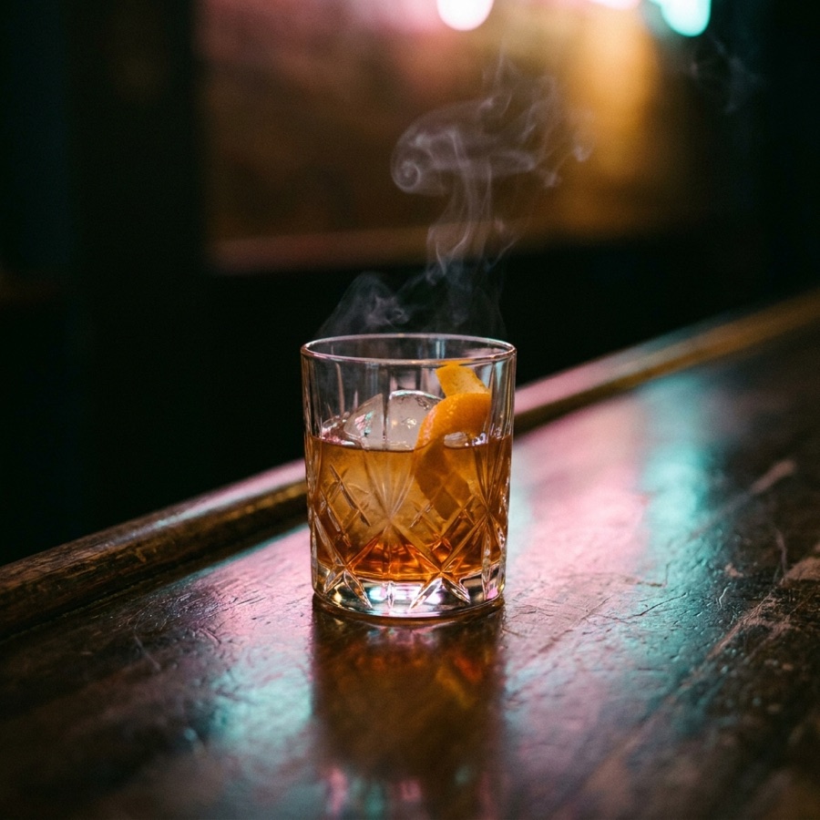 Old fashioned ambré, sphère de glace et fumée