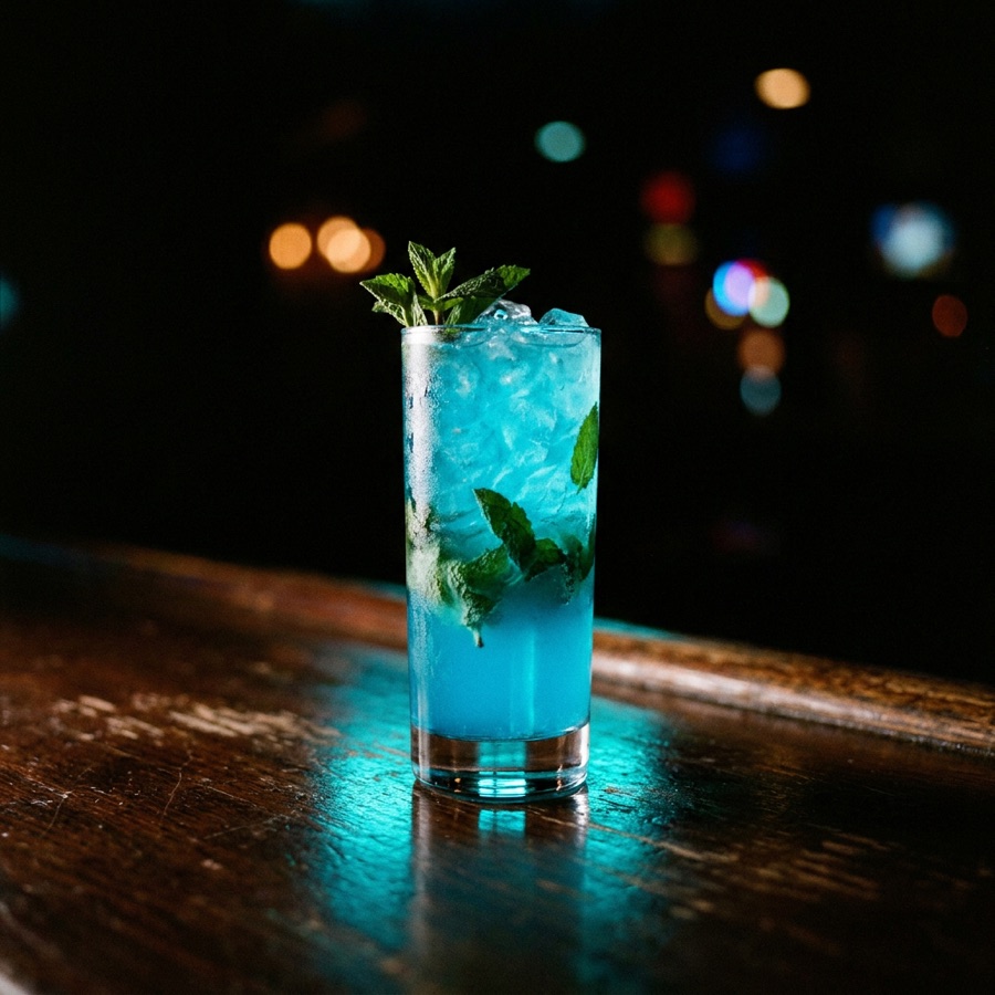 Cocktail bleu électrique en verre haut, glace et menthe