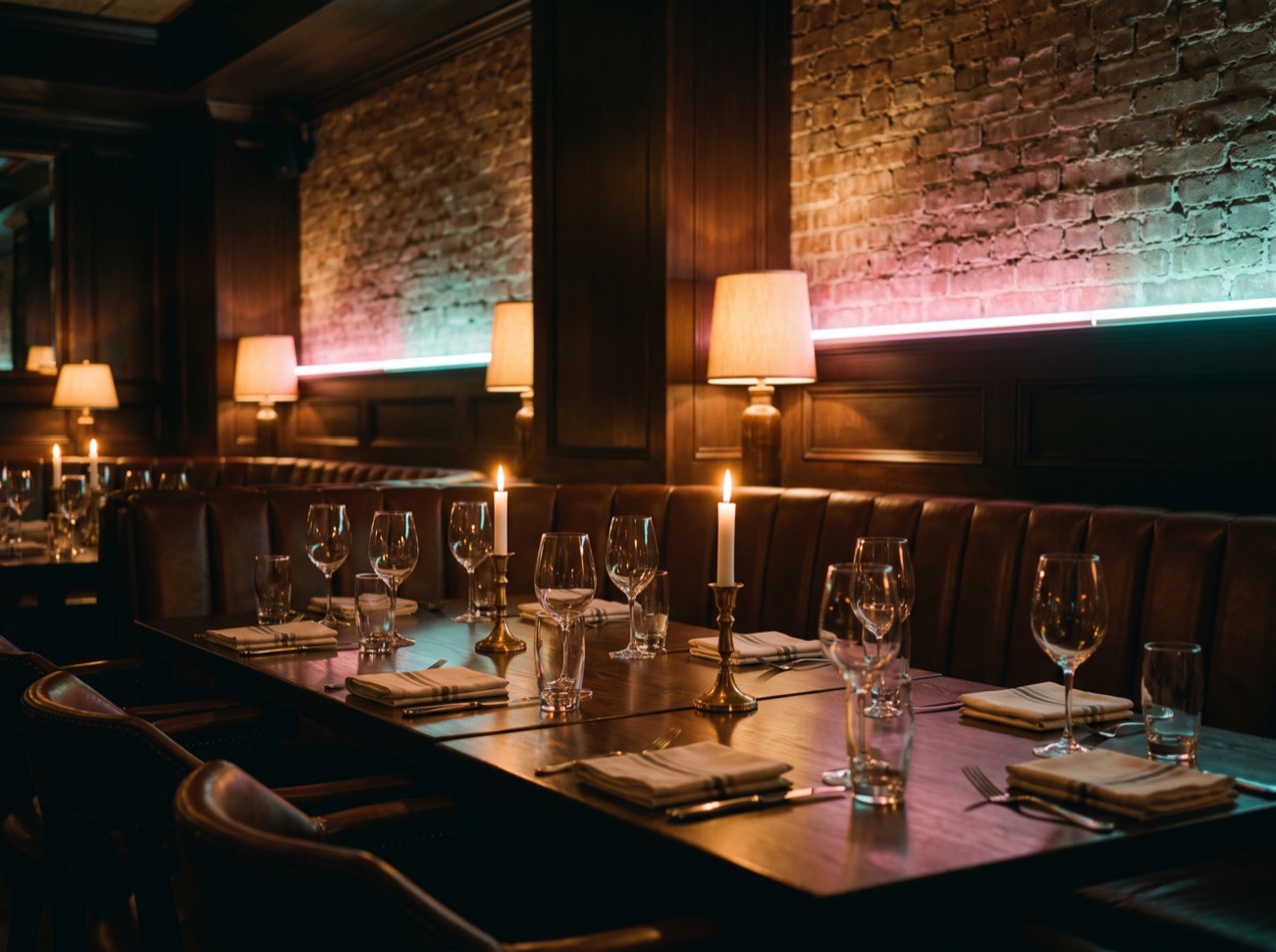 Grande table dressée pour une soirée, banquettes et bougies