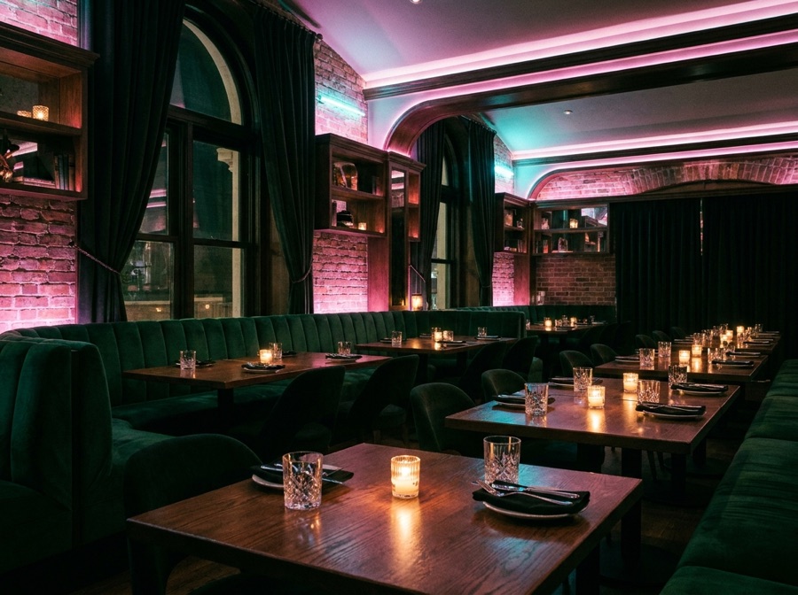 Banquettes en velours sous les néons roses et cyan, bougies sur les tables