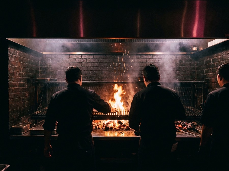 Cuisine ouverte, silhouettes des chefs devant les flammes