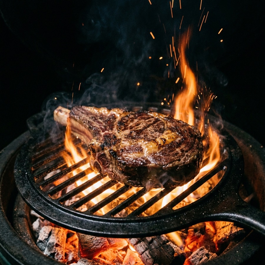 Côte de bœuf saisie sur la grille au-dessus des flammes de chêne