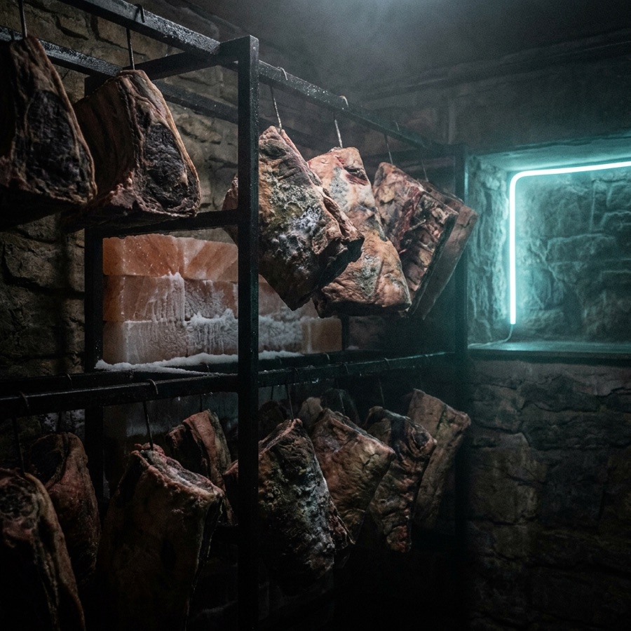 Cave de maturation, pièces de bœuf sur claies dans la pénombre