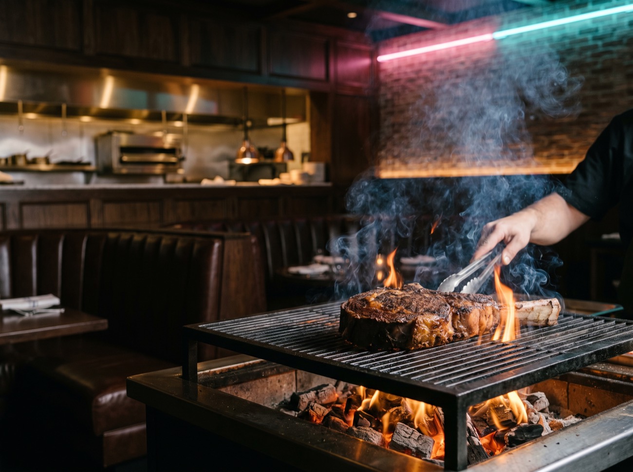 Steak sur la braise de chêne dans la cuisine ouverte, ambiance néon