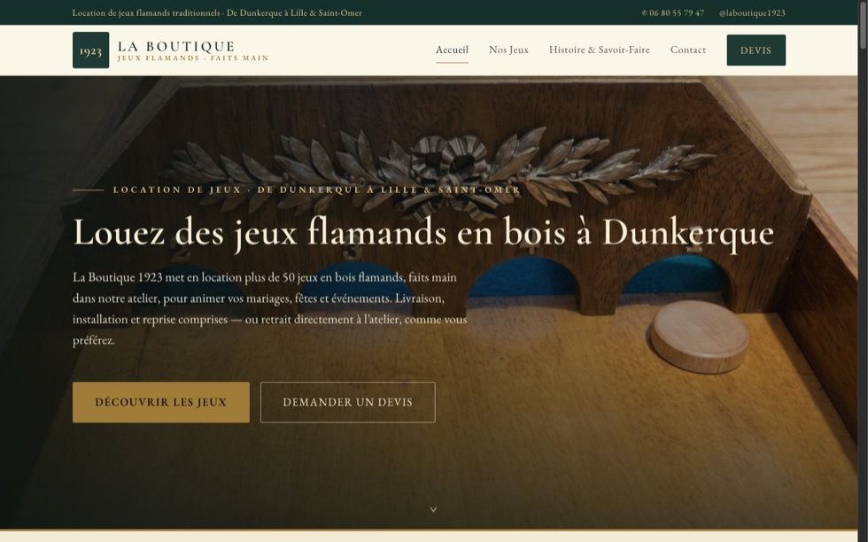 Le site laboutique1923.fr sur ordinateur : catalogue de jeux flamands en bois