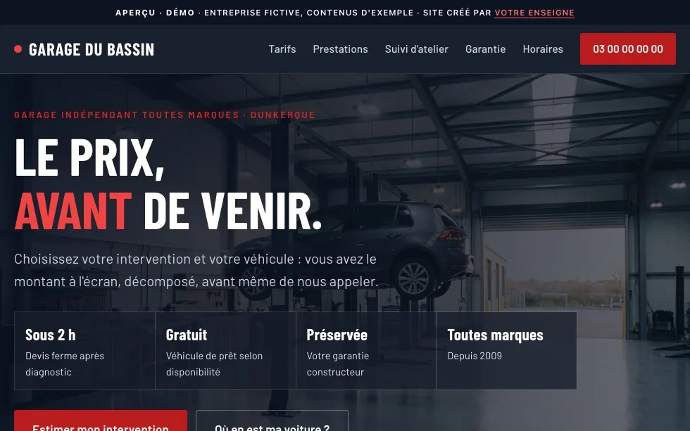 La démo Garage du Bassin sur ordinateur : hero d’atelier et titre « Le prix, avant de venir »