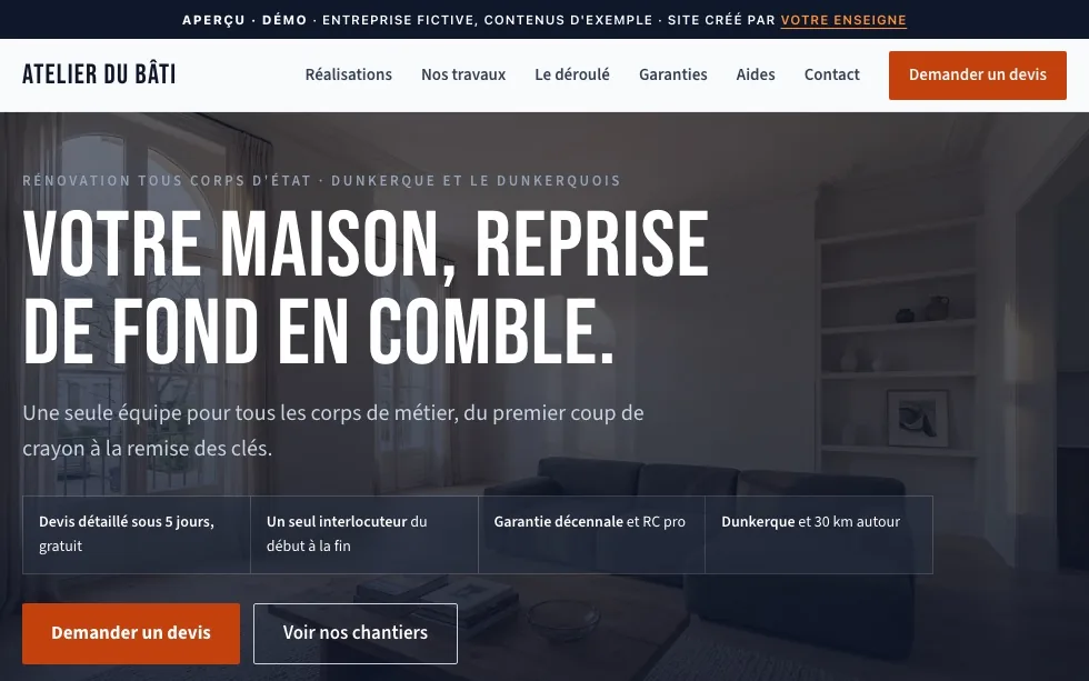 La démo Atelier du Bâti sur ordinateur : hero sombre et titre « Votre maison, reprise de fond en comble »