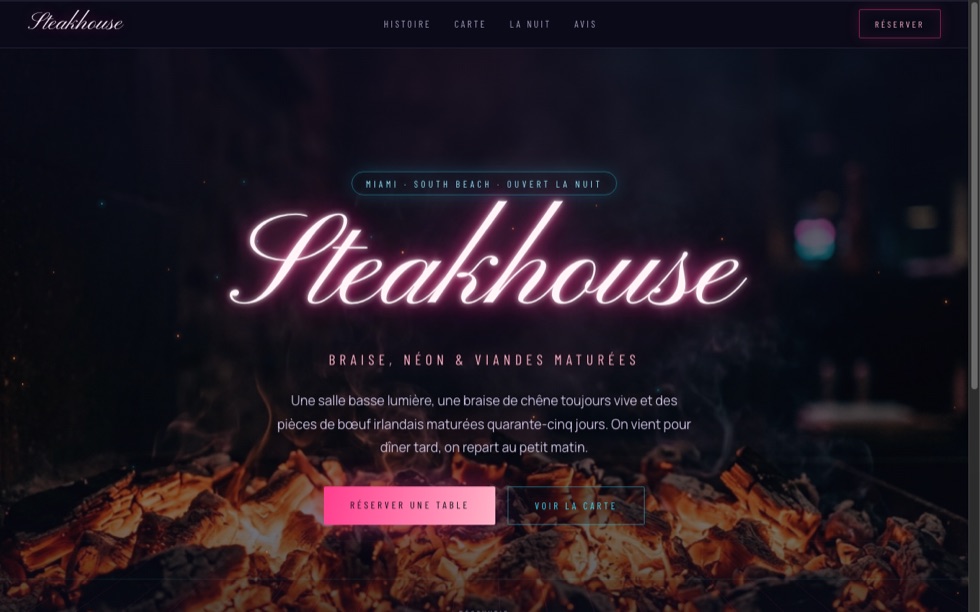 La démo Steakhouse sur ordinateur : ambiance Miami néon rose et bleu
