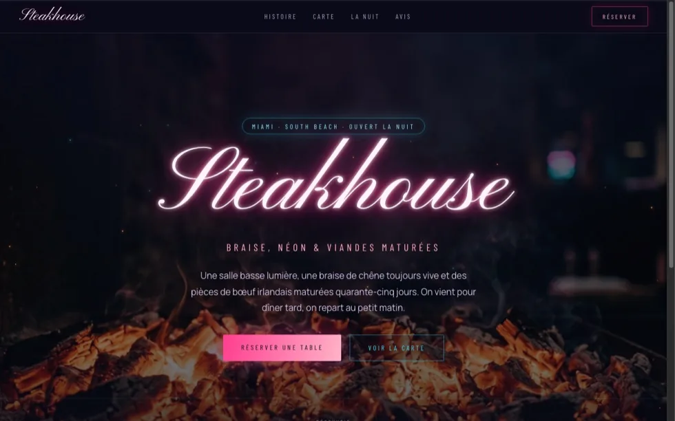La démo Steakhouse sur ordinateur : ambiance Miami néon rose et bleu