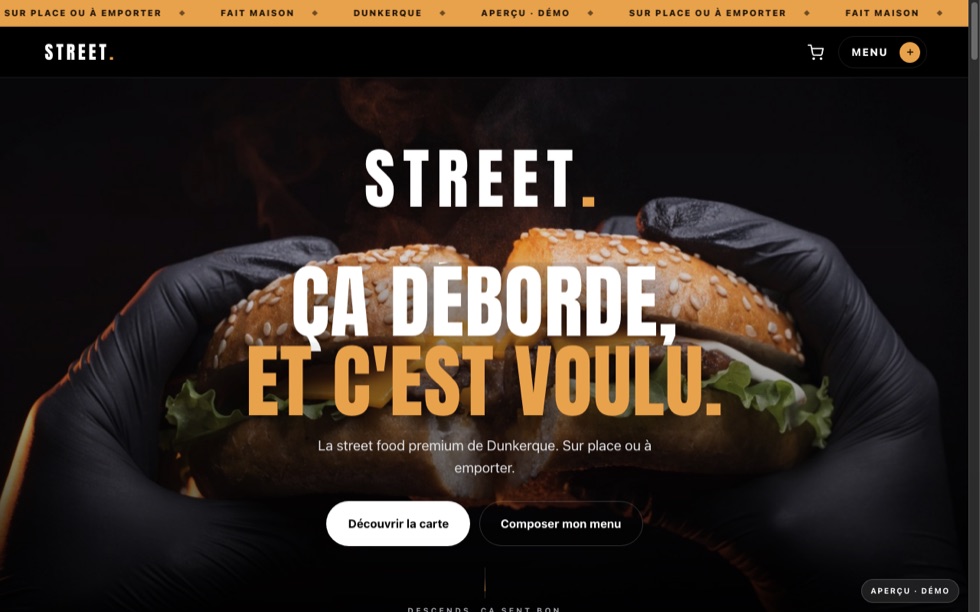 La démo STREET sur ordinateur : food truck street-food, ambiance noire et orange