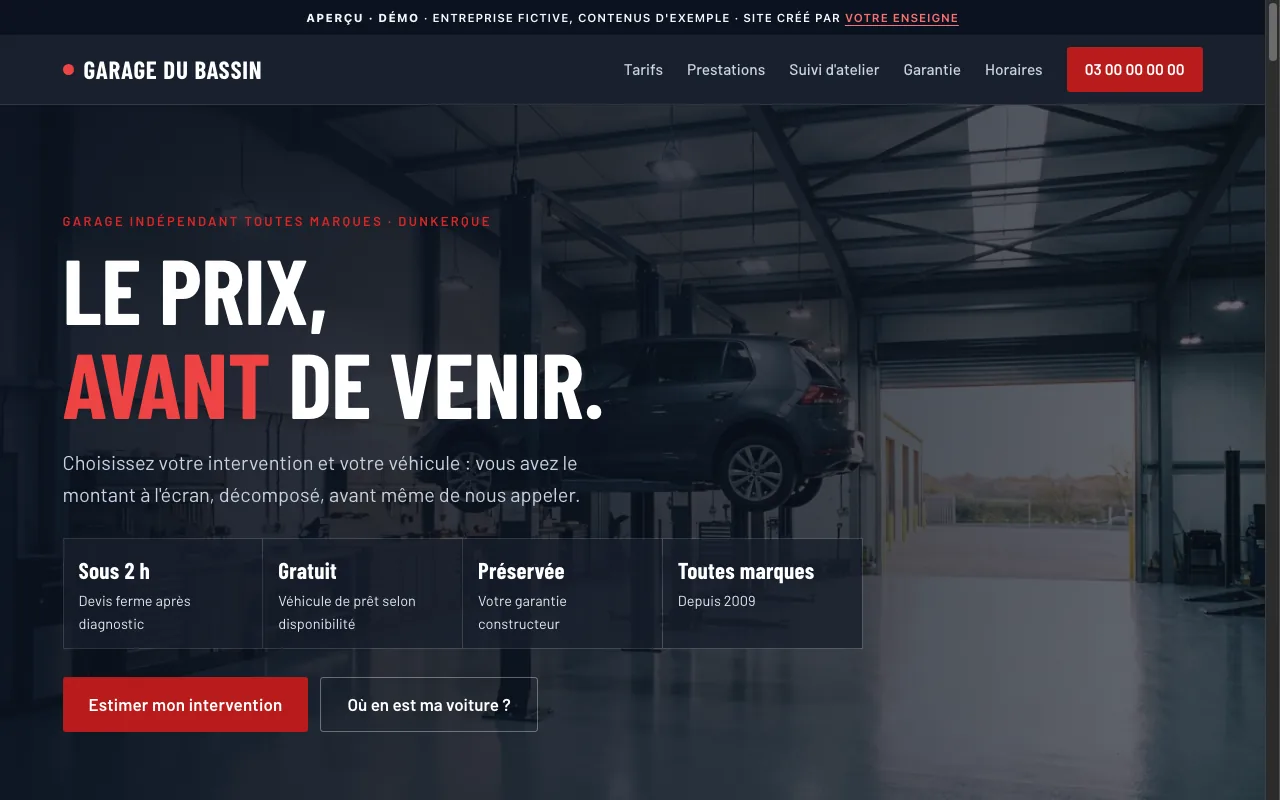 Démo de site pour un garage indépendant à Dunkerque : le prix de l’intervention annoncé avant l’appel