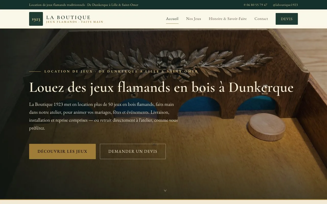 Aperçu du site laboutique1923.fr, location de jeux flamands en bois à Dunkerque