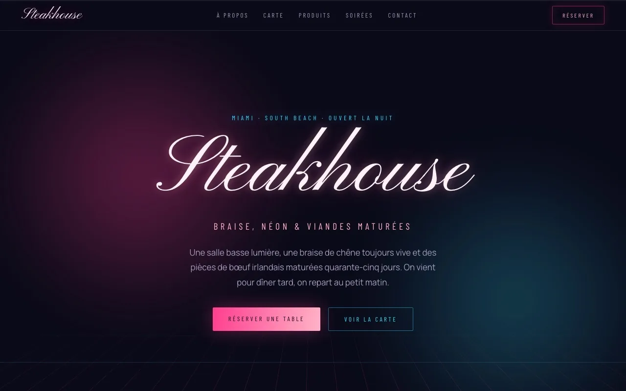 Maquette de site pour un steakhouse à Dunkerque : ambiance Miami néon rose et bleu, viandes maturées à la braise