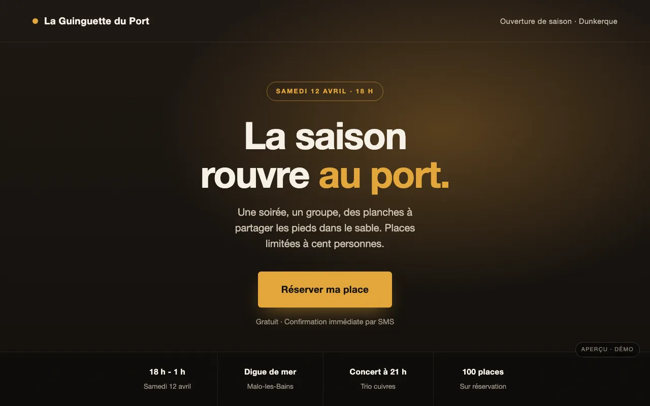 Une landing page : une seule page qui présente l’activité, les horaires et un formulaire de contact